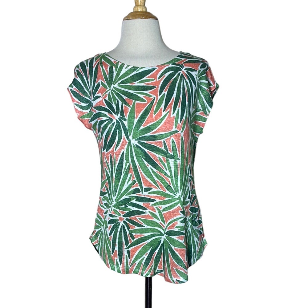 SIGRID OLSEN Women Small‎ Tropical Print Linen Short Sleeve Top Summer Beach
